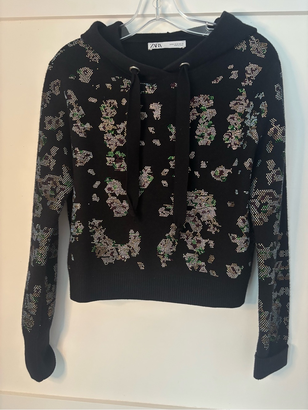 Zara Crop Black Hooded Sweater with Multicolor Crystal Detail size medium
